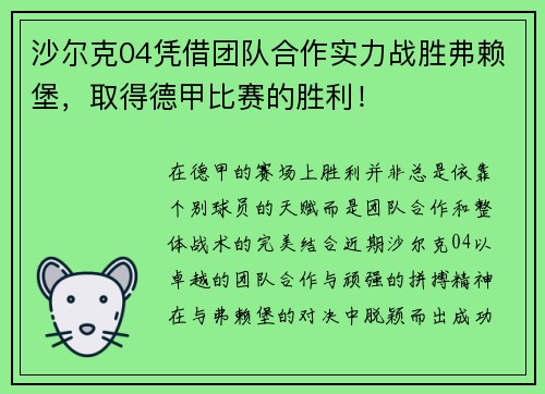 沙尔克04凭借团队合作实力战胜弗赖堡，取得德甲比赛的胜利！