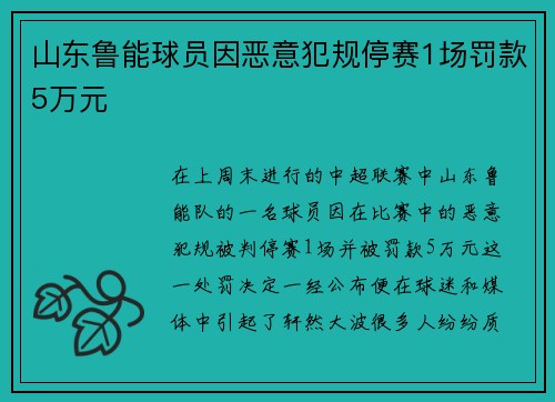 山东鲁能球员因恶意犯规停赛1场罚款5万元